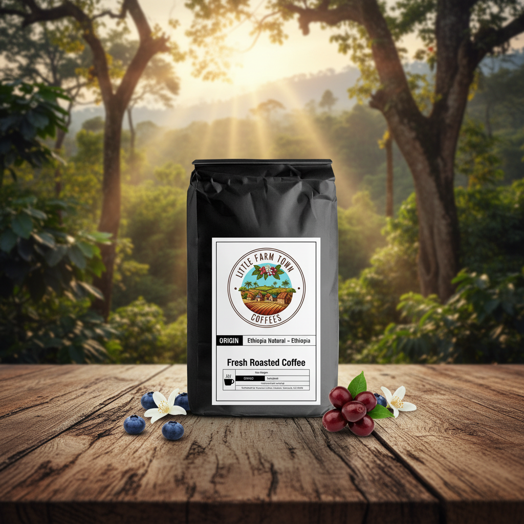 Ethiopia Natural specialty coffee from Little Farm Town Coffees, showing coffee beans and brewing setup.