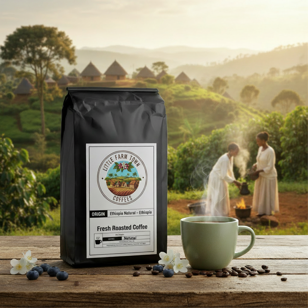 Ethiopia Natural Specialty Coffee from Little Farm Town Coffees, showing fresh coffee beans with a rich, roasted appearance.