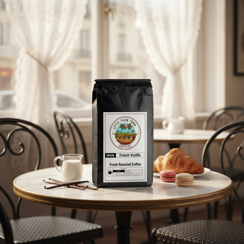 French Vanilla specialty coffee from Little Farm Town Coffees, featuring a steaming cup with vanilla beans and cozy morning setting.