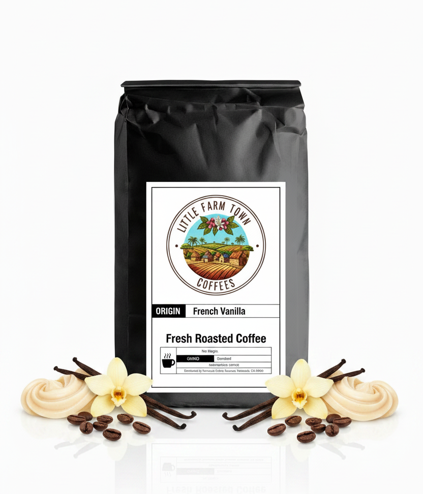 French Vanilla specialty coffee by Little Farm Town Coffees, featuring a bag with a vanilla-flavored coffee blend on a white background.