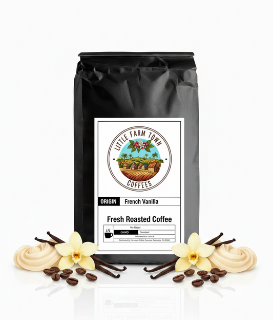 French Vanilla specialty coffee by Little Farm Town Coffees, featuring a bag with a vanilla-flavored coffee blend on a white background.