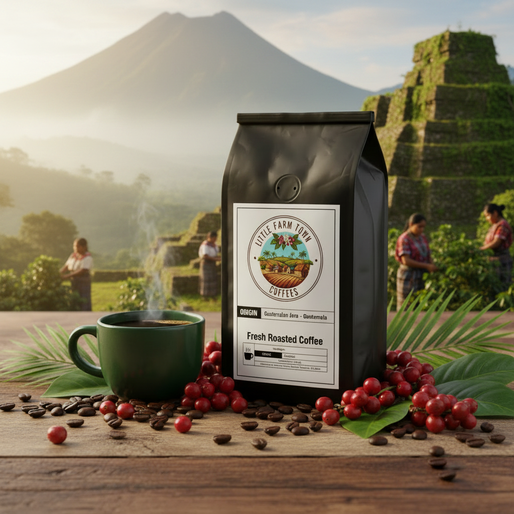Guatemalan Java specialty coffee bag from Little Farm Town Coffees with vibrant label design.