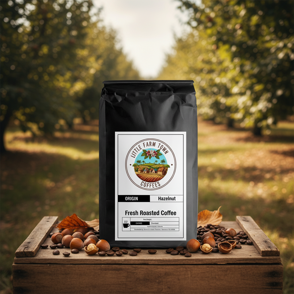 A cup of brewed Little Farm Town Coffees hazelnut specialty coffee with a hazelnut and coffee beans on a rustic table.