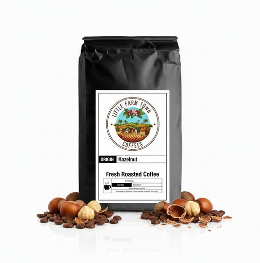 A bag of Little Farm Town Coffees Hazelnut specialty coffee beans on a white background.