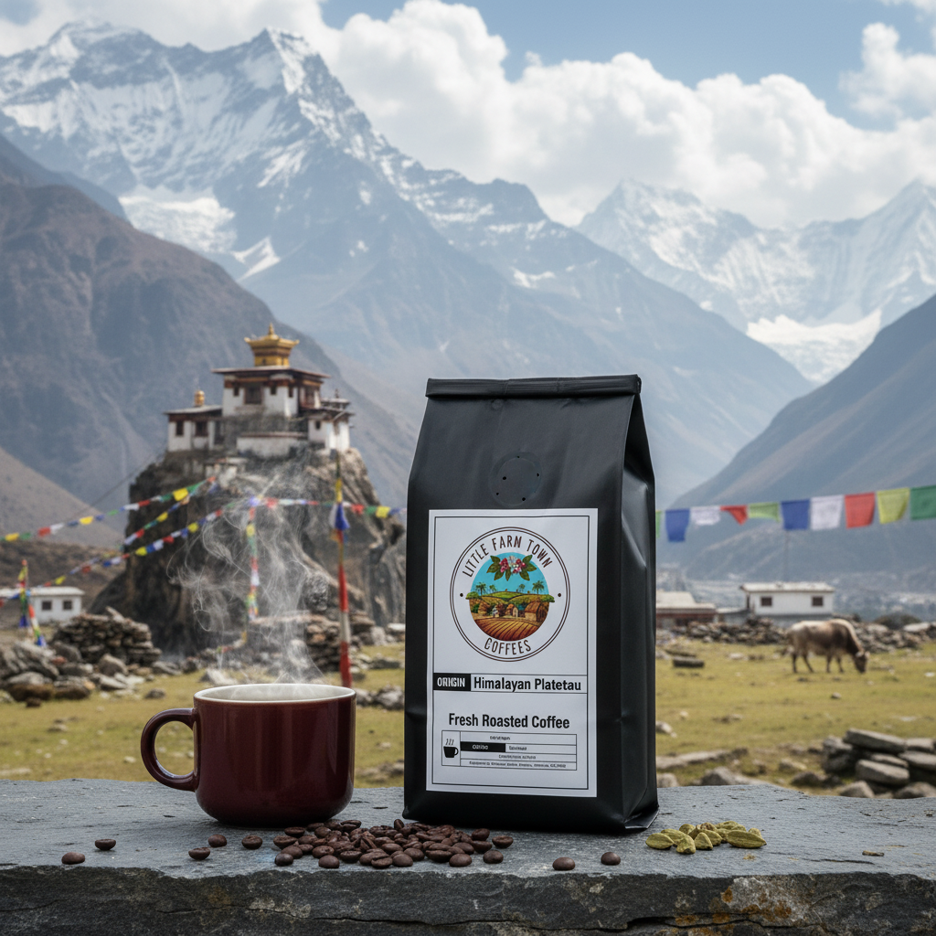 Himalayan Plateau specialty coffee bag from Little Farm Town Coffees with a scenic mountain landscape in the background.