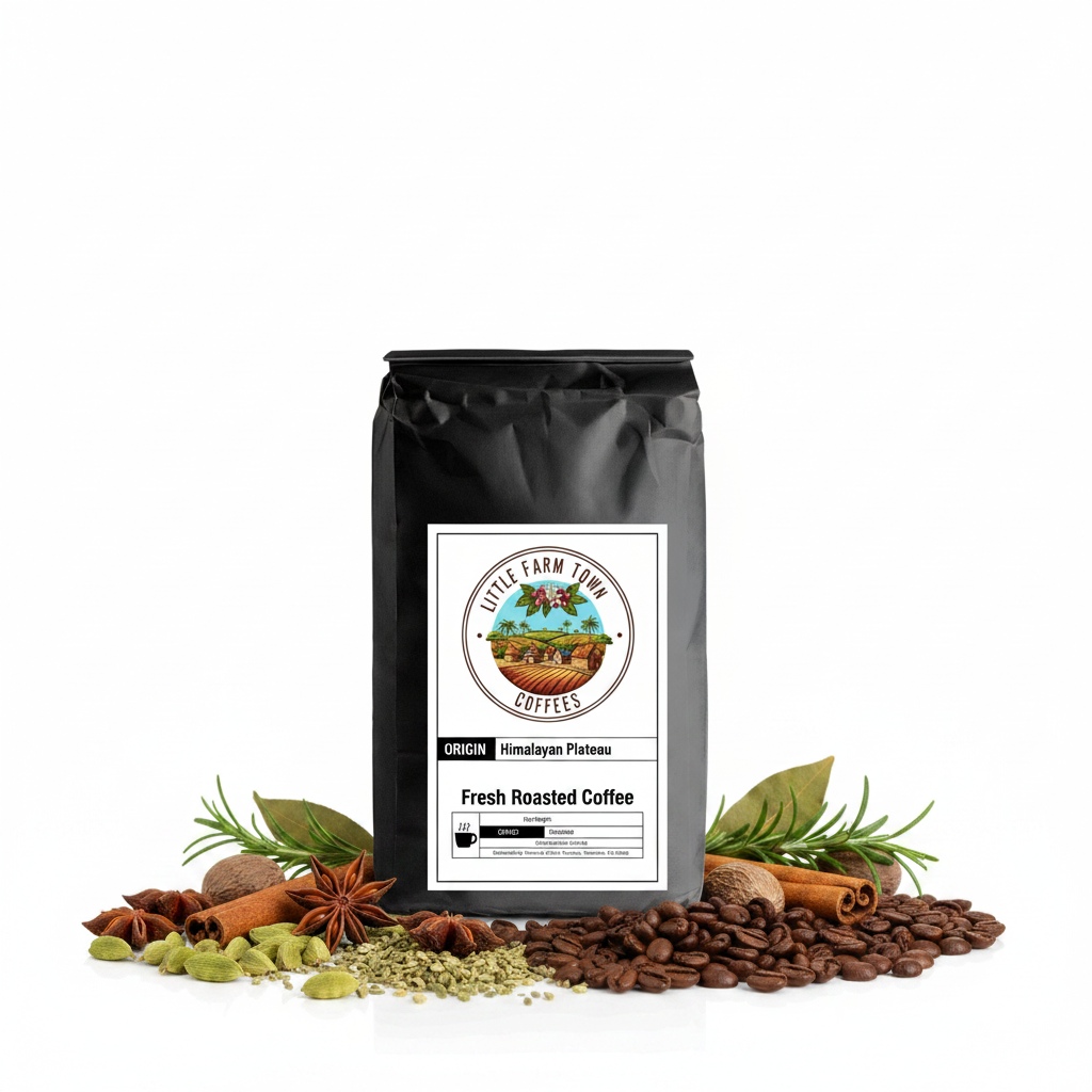 Himalayan Plateau specialty coffee bag from Little Farm Town Coffees, featuring a colorful label and coffee beans illustration.