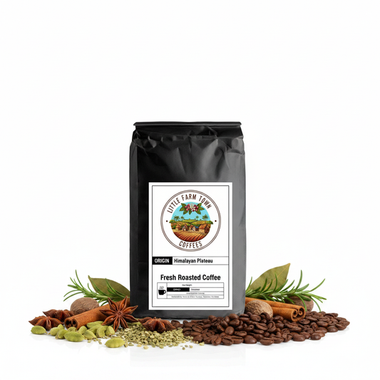 Himalayan Plateau specialty coffee bag from Little Farm Town Coffees, featuring a colorful label and coffee beans illustration.