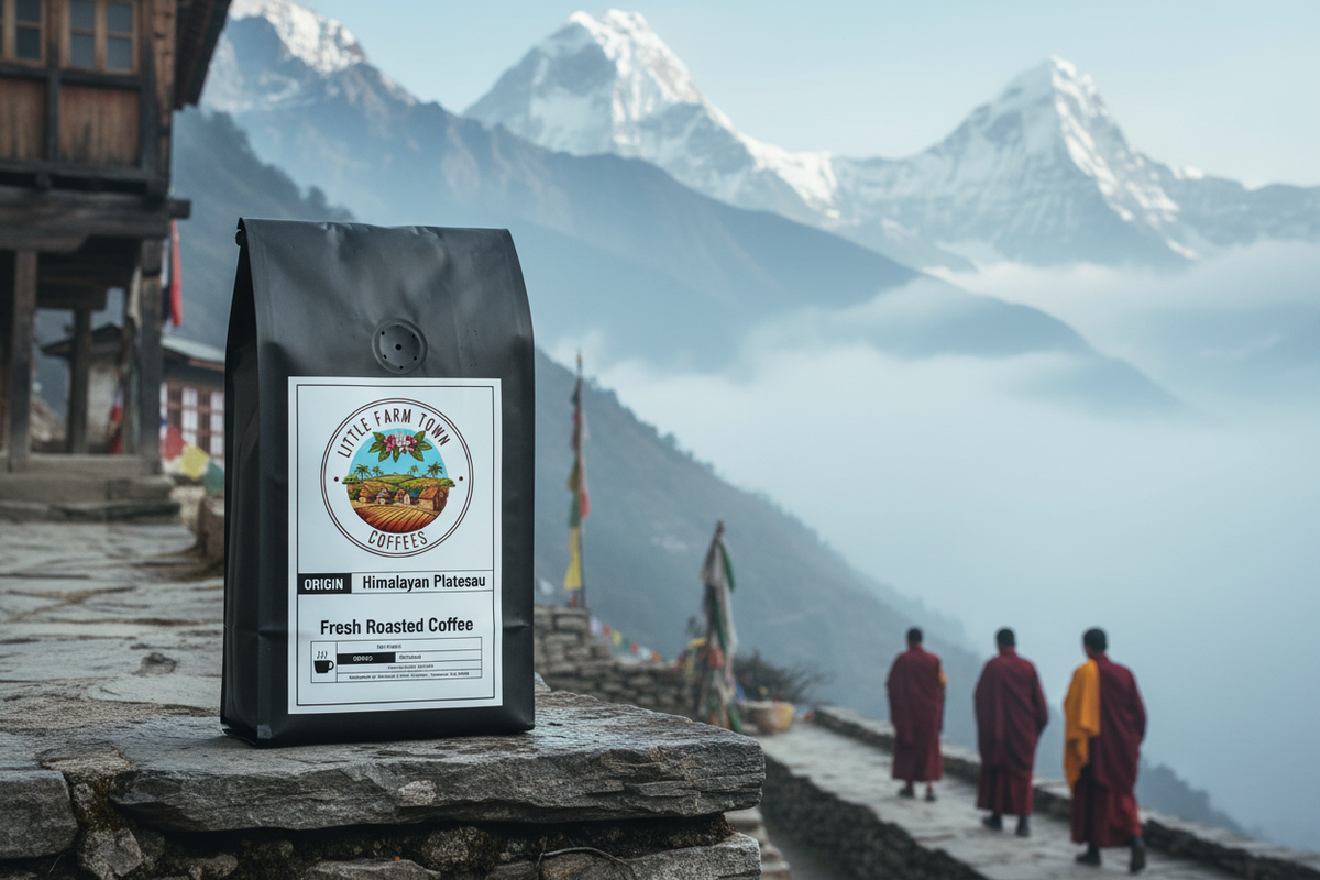 Himalayan Plateau specialty coffee bag from Little Farm Town Coffees, featuring earthy tones and detailed label design.