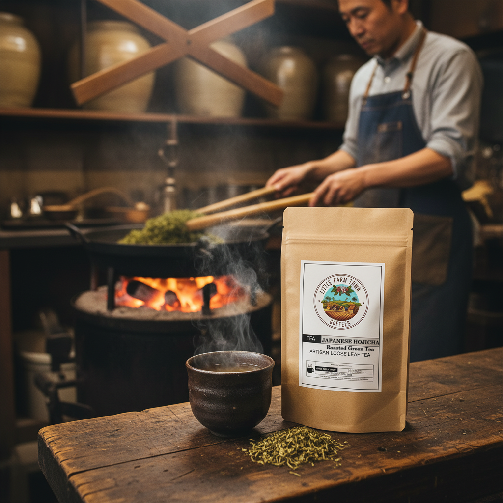 Japanese Hojicha roasted green tea in a ceramic cup, showcasing its rich amber color and aromatic, roasted flavor.