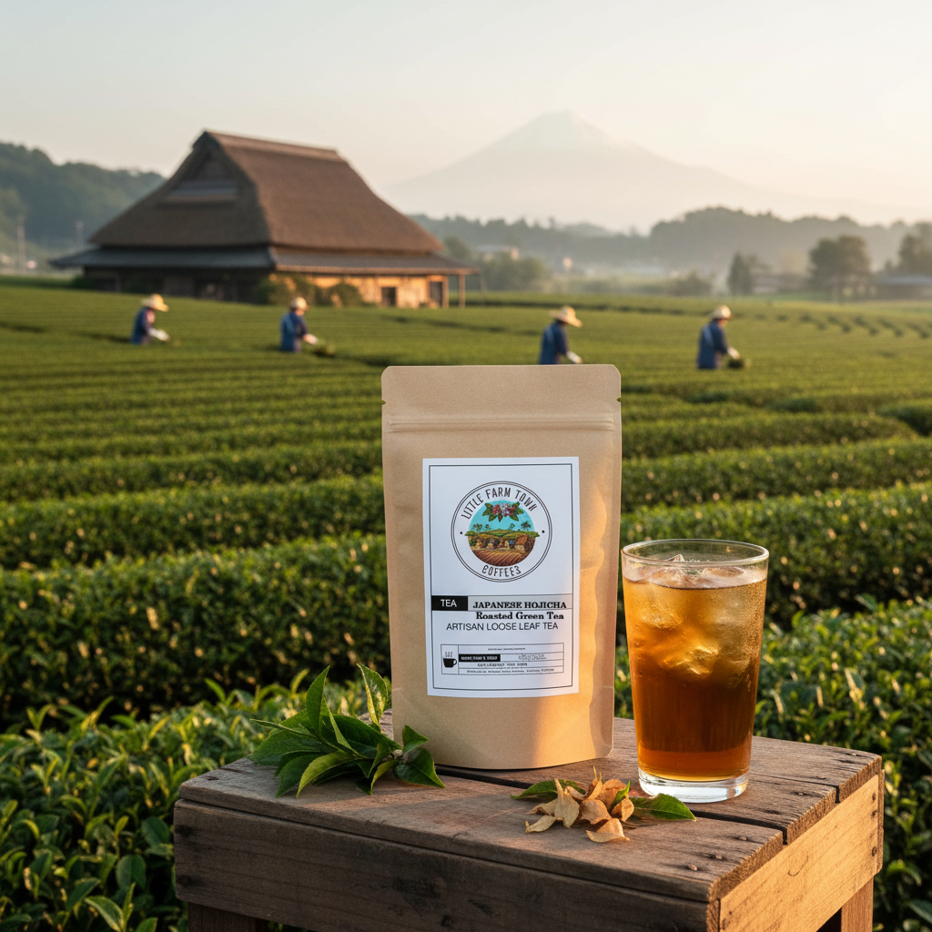 Iced Japanese Hojicha artisan green tea from Little Farm Town Coffees, served in a glass with ice and a tea strainer.