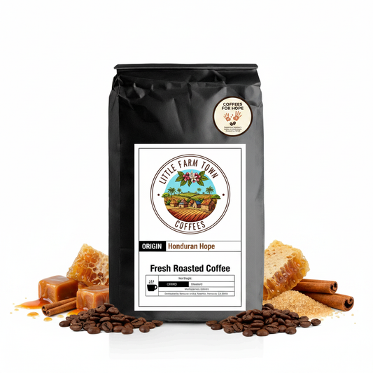 Bag of Honduran Hope Coffee from Little Farm Town Coffees, showcasing vibrant label design and coffee branding.
