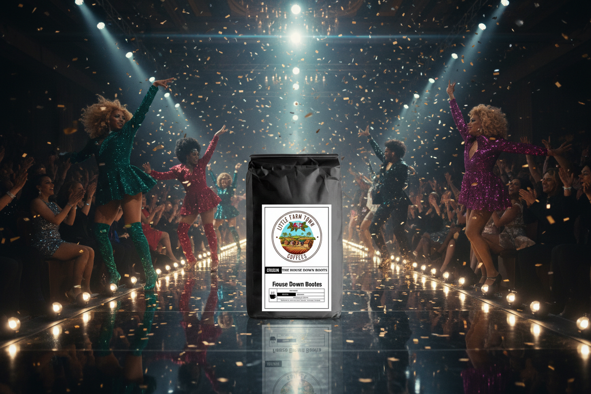 Specialty coffee bag labeled The House Down Boots from Little Farm Town Coffees with a rustic design.