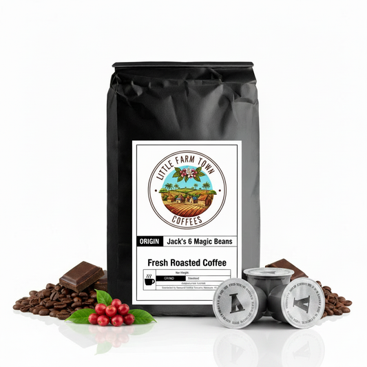 Little Farm Town Coffees Jack's 6 Magic Beans coffee K-Cups, medium roast blend in standard pods for Keurig brewers.