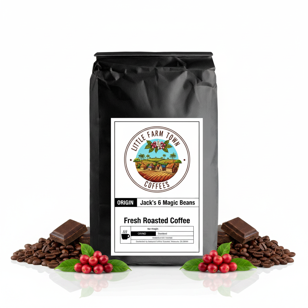 Little Farm Town Coffees Jack's 6 Magic Beans coffee K-Cups, 6-bean blend in standard grind pods, suitable for Keurig brewers