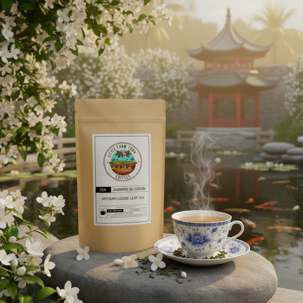 Hot cup of Jasmine Blossom artisan tea by Little Farm Town Coffees, showcasing jasmine-infused tea in a cozy setting.