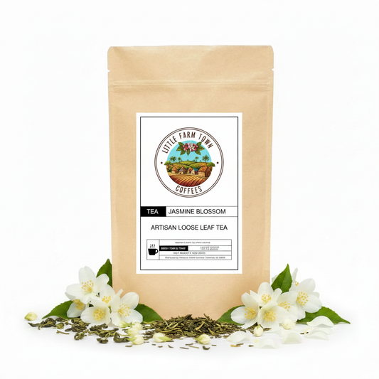 Artisan Jasmine Blossom tea from Little Farm Town Coffees displayed on a white background with fresh jasmine flowers.