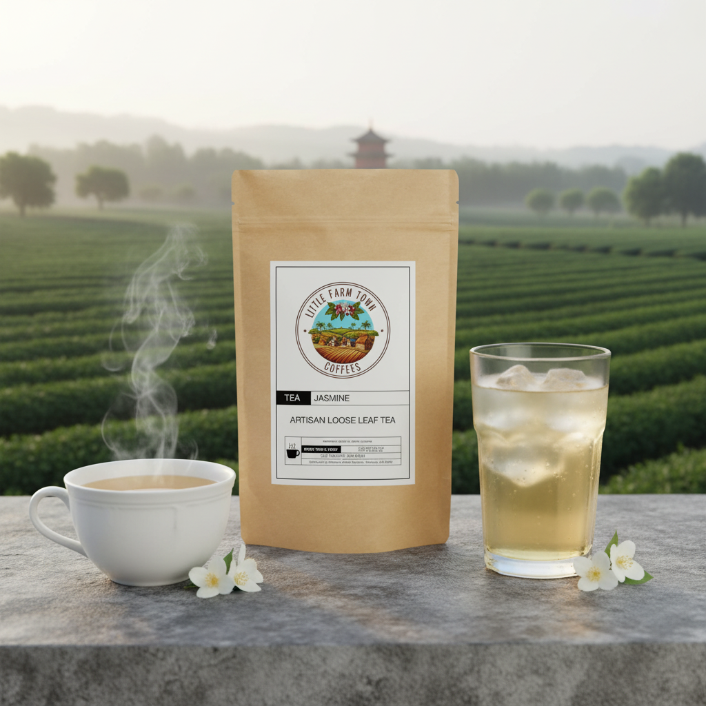 Artisan Jasmine Blossom tea from Little Farm Town Coffees, featuring fresh jasmine flowers and tea leaves in a natural setting