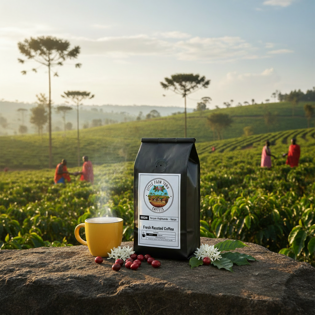 Fresh Kenyan Highlands specialty coffee beans from Little Farm Town Coffees, showcasing rich, roasted coffee beans in a natural setting.