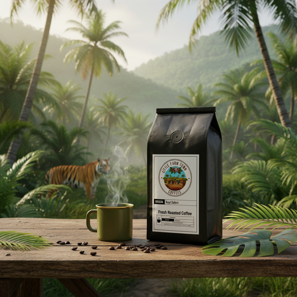 A cup of Kopi Safari specialty coffee from Little Farm Town Coffees alongside coffee beans and a steaming mug on a rustic table.