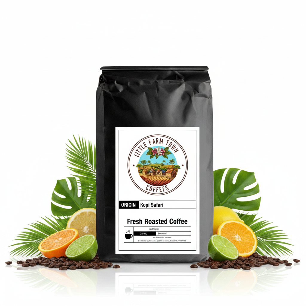 A cup of Kopi Safari specialty coffee by Little Farm Town Coffees with coffee beans and a rustic background.