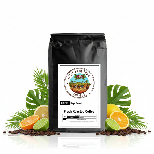 A cup of Kopi Safari specialty coffee by Little Farm Town Coffees with coffee beans and a rustic background.
