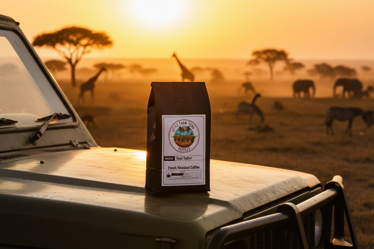 Bag of Little Farm Town Coffees Kopi Safari specialty coffee with vibrant packaging design and coffee beans visible.