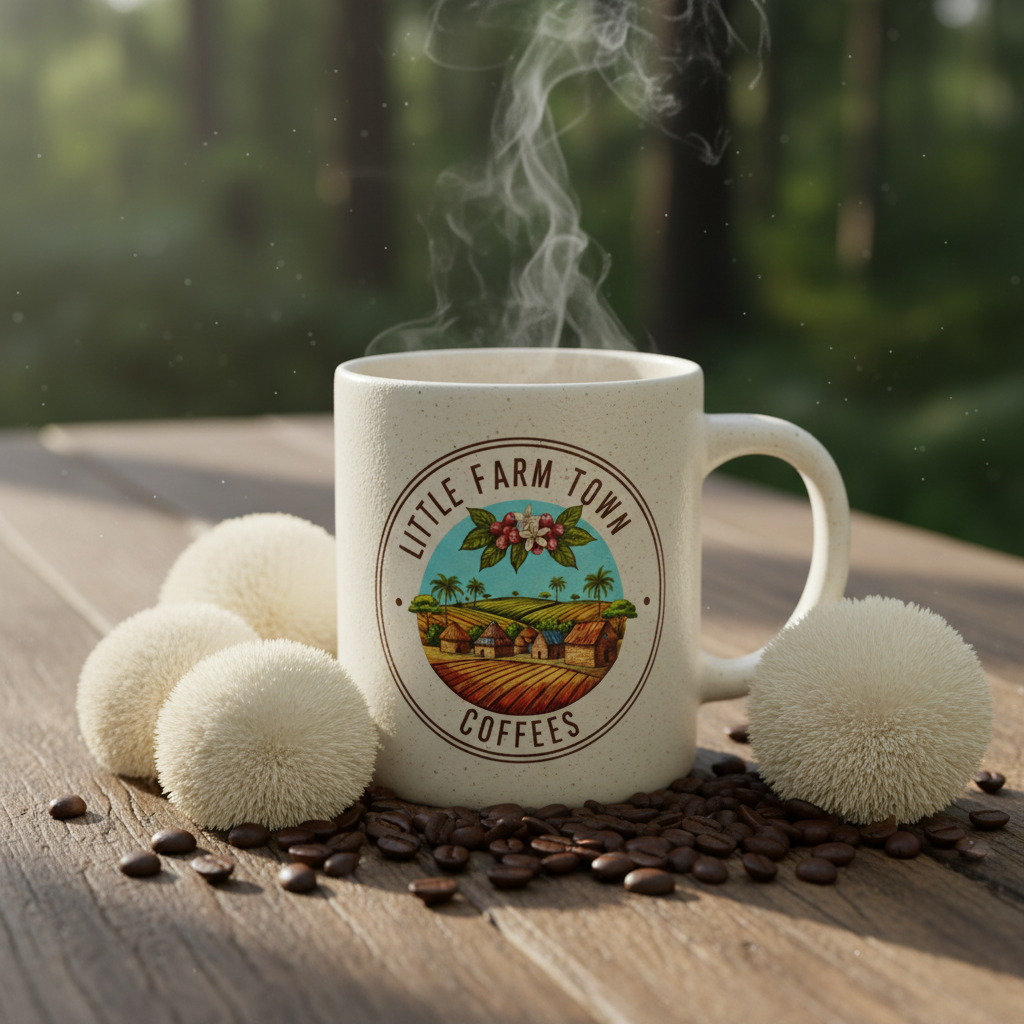 Lions Mane Brew mushroom coffee in a logo mug, featuring a steaming cup with the Little Farm Town Coffees branding.