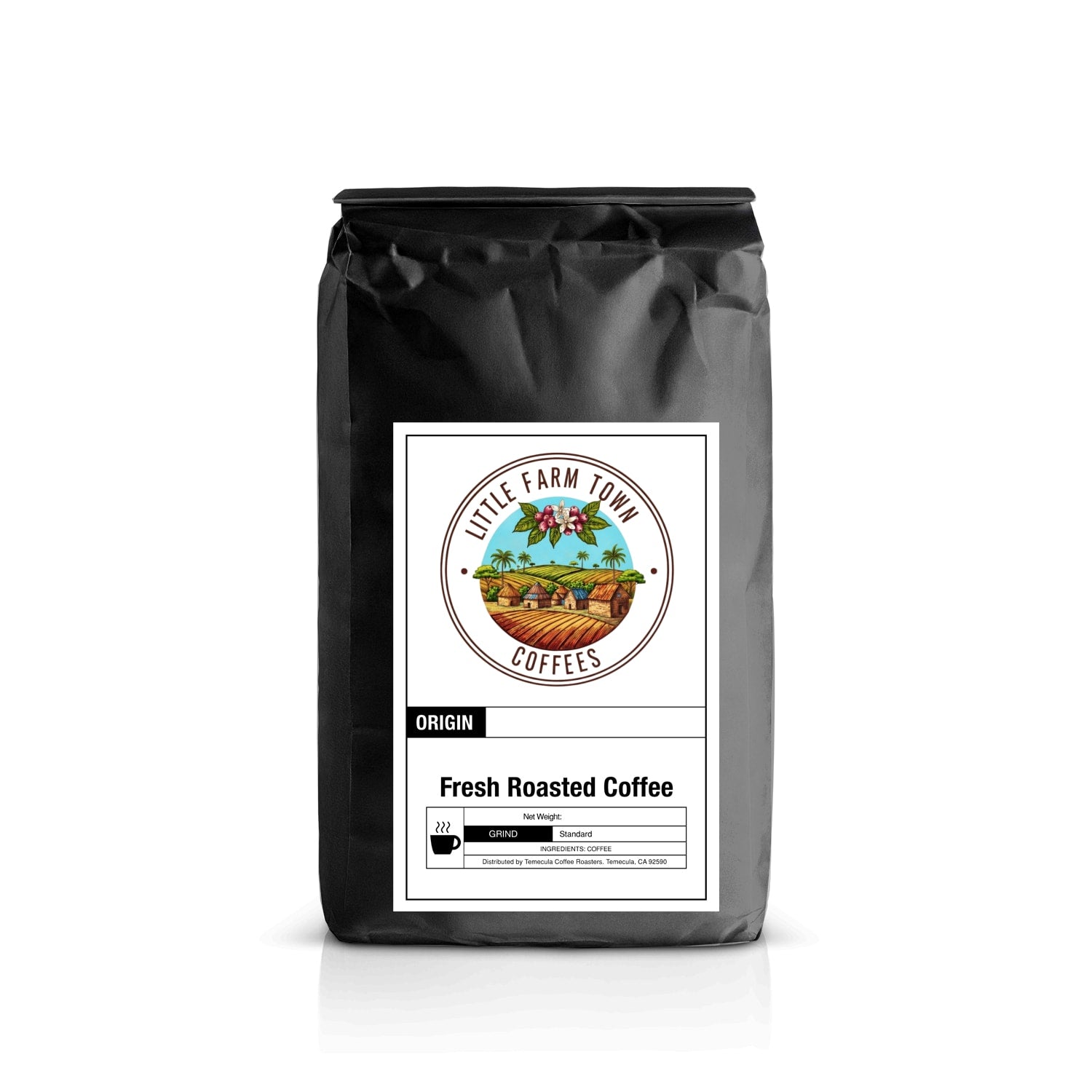 Peruvian Andes specialty coffee from Little Farm Town Coffees, whole beans in a 1 lb bag with a coarse grind appearance.