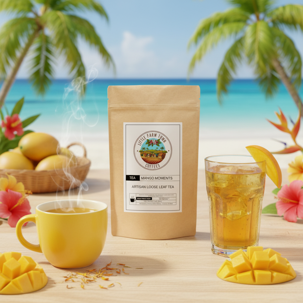A vibrant lifestyle image of Mango Moments artisan tea by Little Farm Town Coffees, showcasing a steaming cup with fresh mango slices.
