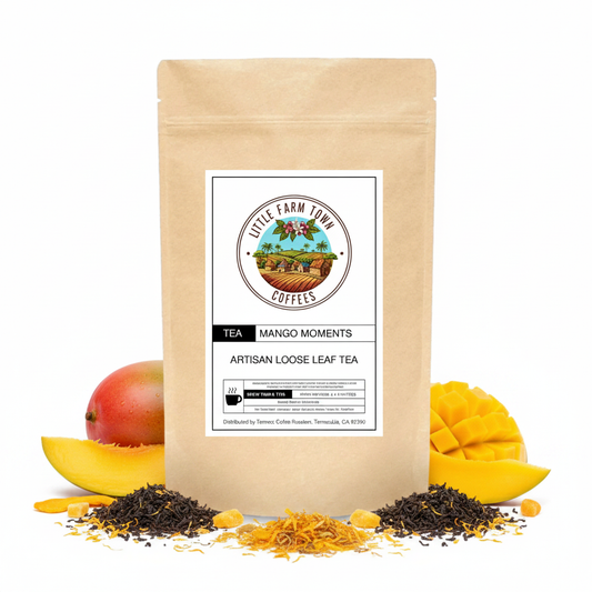 Artisan Mango Moments tea by Little Farm Town Coffees, featuring fresh mango flavor in a tea blend on a white background.