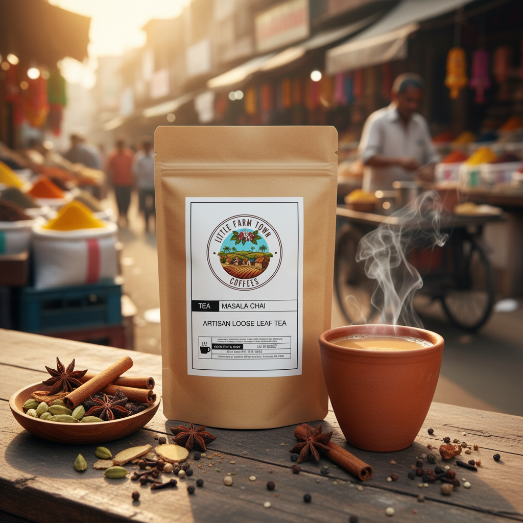 A steaming cup of artisan Masala Chai tea with spices and herbs, served in a rustic cup, showcasing Little Farm Town Coffees' flavorful blend.