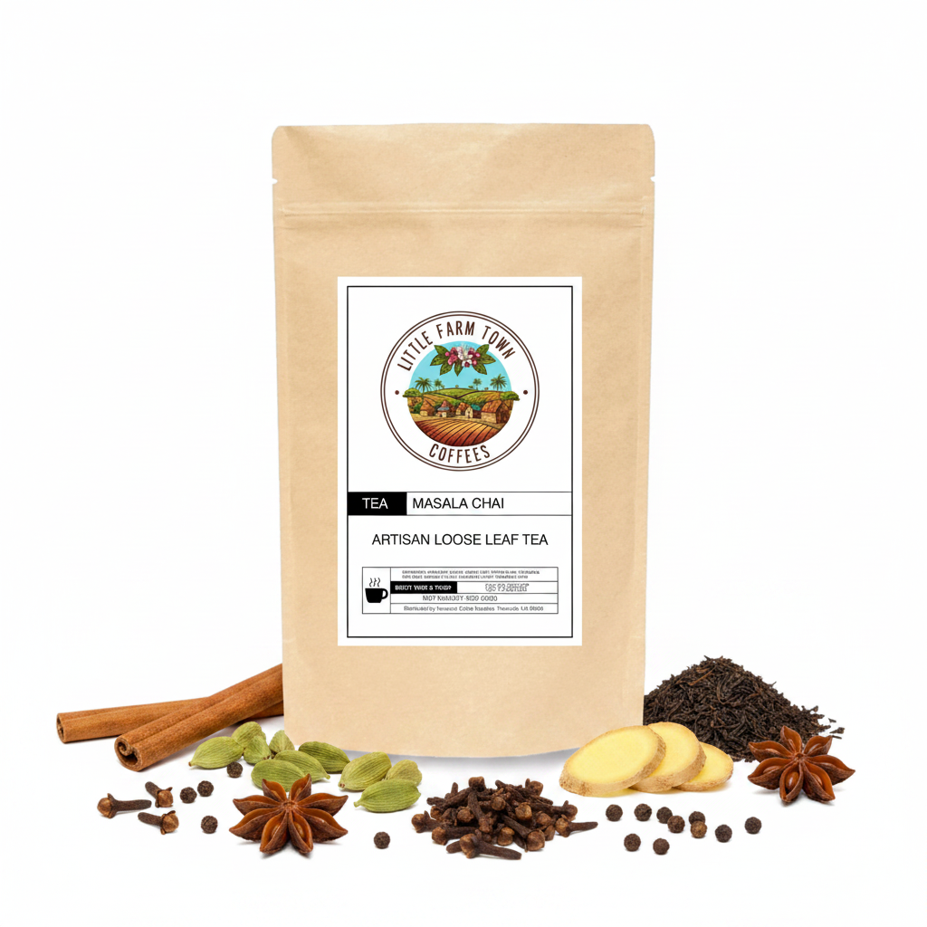 Artisan Masala Chai tea from Little Farm Town Coffees, featuring a fragrant blend of spices in a white tea package.