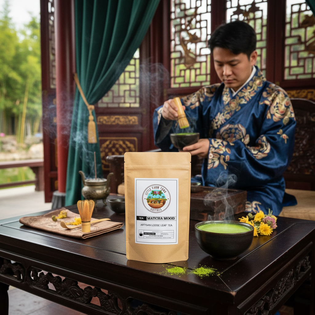 Rich green matcha powder in a bowl from Little Farm Town Coffees' Matcha Mood artisan tea collection.