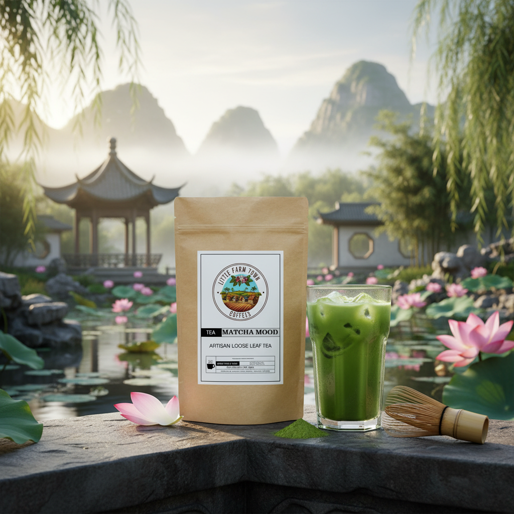 Chilled Matcha Mood artisan tea from Little Farm Town Coffees served in a glass with ice and frothy top.