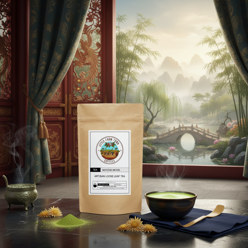 Hot Matcha Mood artisan tea from Little Farm Town Coffees in a ceramic cup with frothy green matcha on top.