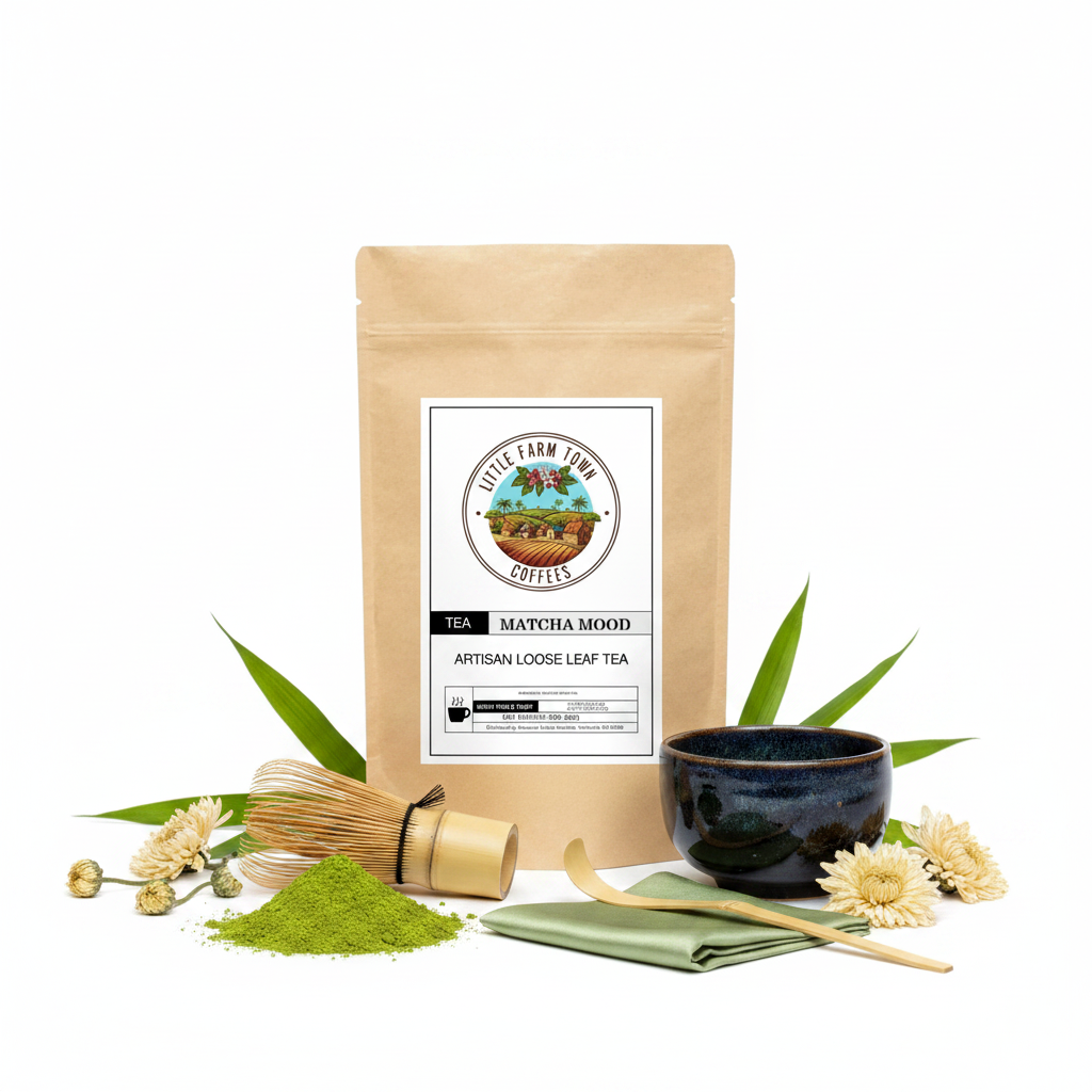 Bright green Matcha Mood artisan tea powder from Little Farm Town Coffees displayed in a white bowl on a wooden surface.