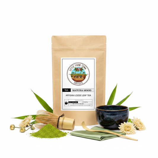 Bright green Matcha Mood artisan tea powder from Little Farm Town Coffees displayed in a white bowl on a wooden surface.