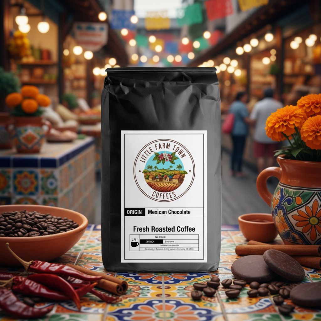 Lifestyle image of Little Farm Town Coffees Mexican Chocolate specialty coffee bag with rich chocolate and coffee beans.