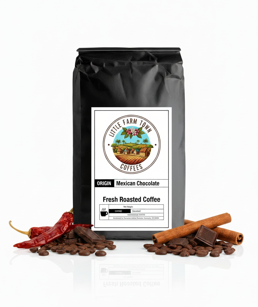 Mexican chocolate specialty coffee beans from Little Farm Town Coffees displayed on a white background.