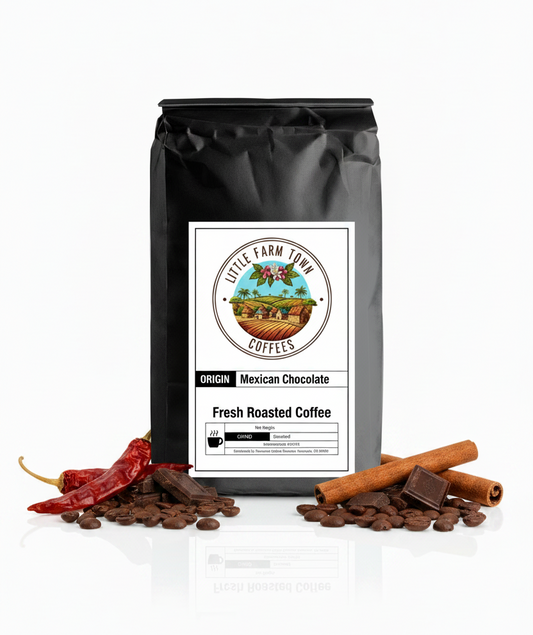 Mexican chocolate specialty coffee beans from Little Farm Town Coffees displayed on a white background.