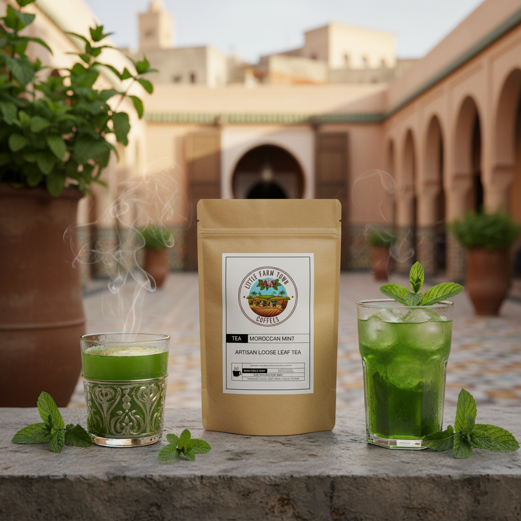 A cup of Moroccan Mint artisan tea with fresh mint leaves and a teapot, showcasing a cozy tea setting by Little Farm Town Coffees.