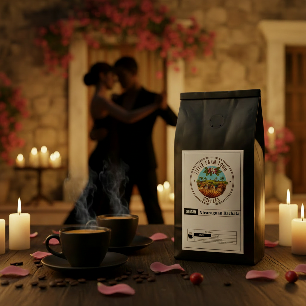 Nicaraguan Bachata Specialty Coffee bag from Little Farm Town Coffees with a blank label, featuring earthy tones and coffee branding.