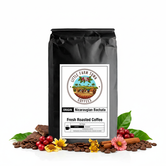 Nicaraguan Bachata specialty coffee bag from Little Farm Town Coffees, featuring a white label and vibrant coffee branding.