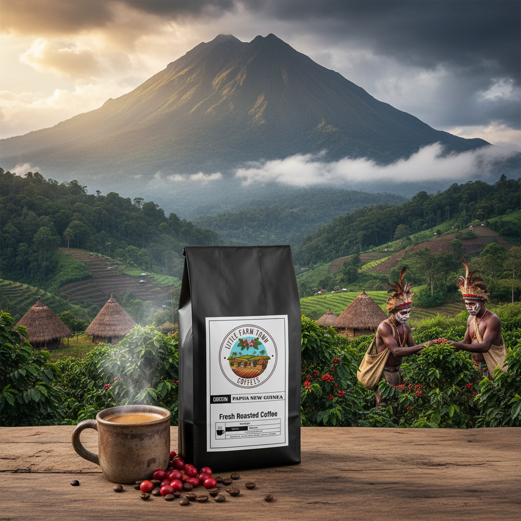 Bag of Little Farm Town Coffees Papua New Guinea specialty coffee with Mount Wilhelm origin label.