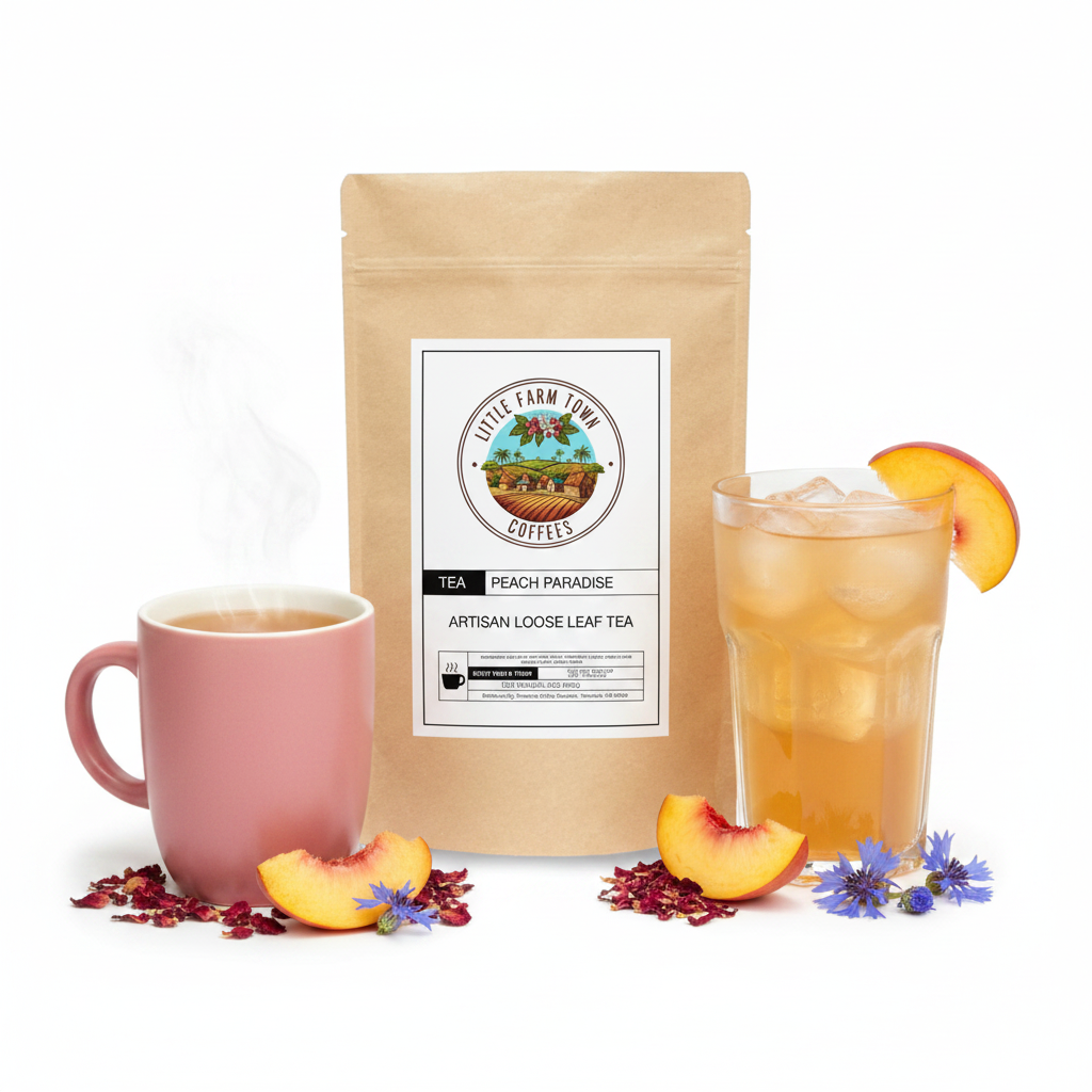 White ceramic cup of Peach Paradise artisan tea by Little Farm Town Coffees with fresh peach slices and tea leaves.
