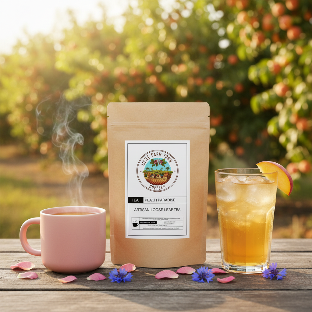 Artisan Peach Paradise tea by Little Farm Town Coffees featuring fresh peach slices and tea leaves in a rustic setting.