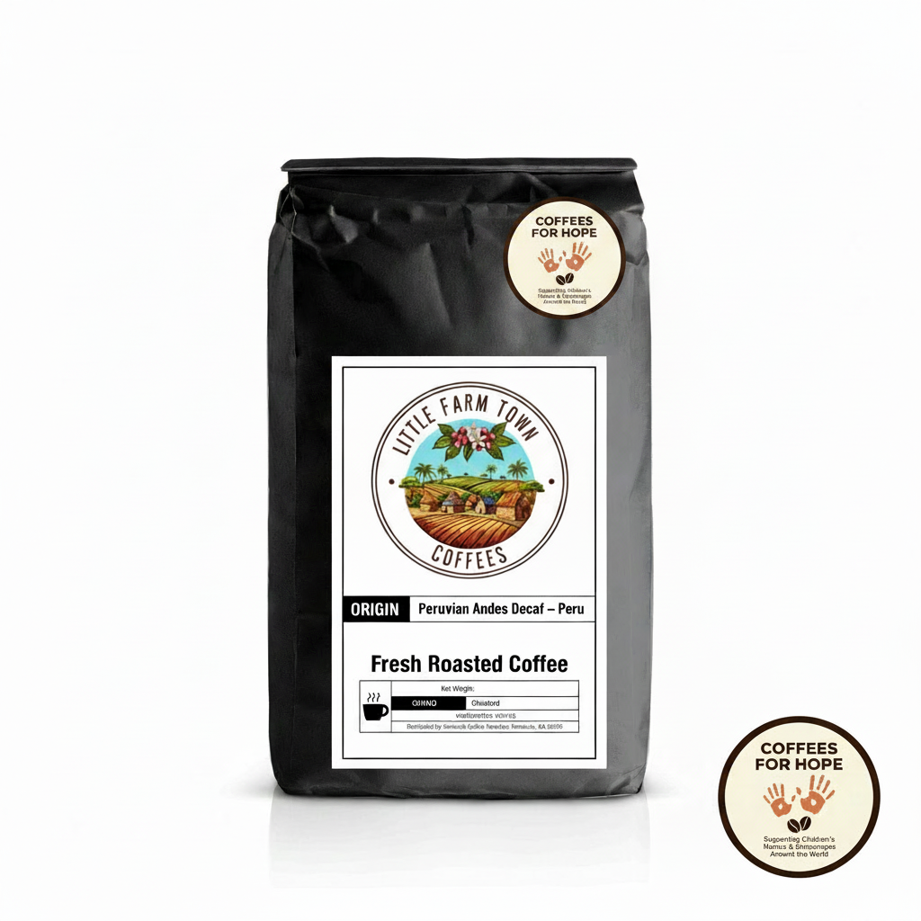Bag of Little Farm Town Coffees Peruvian Andes Decaf coffee, available in K-cups and standard grind, for a rich, smooth brew.