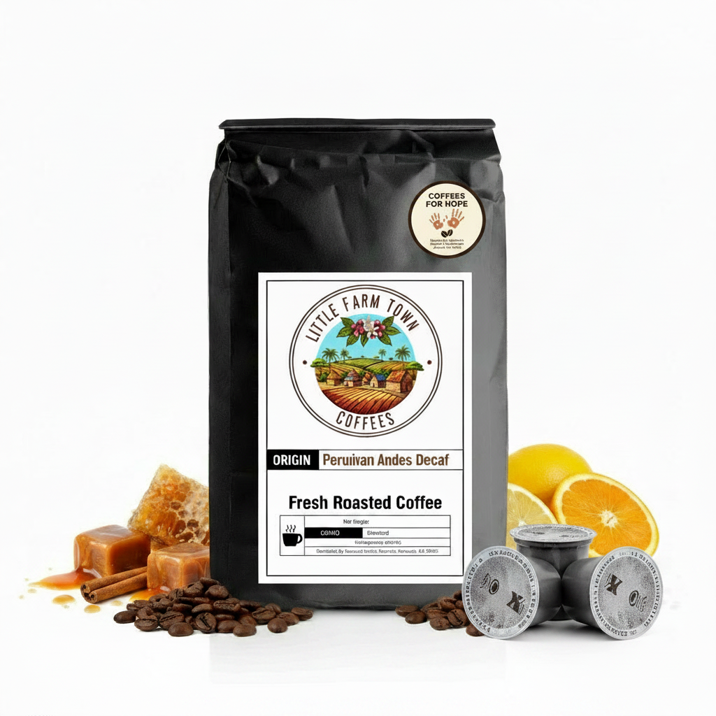 Peruvian Andes decaf coffee K-cups by Little Farm Town Coffees, showing a box of coffee pods with Peruvian Andes imagery.