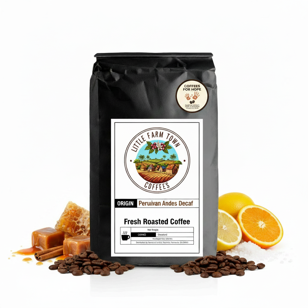Decaf Peruvian Andes Coffee Pods by Little Farm Town Coffees, K-cups for coffee brewing, featuring rich coffee beans.