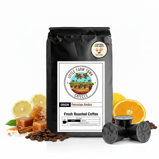 Peruvian Andes Decaf coffee K-cups from Little Farm Town Coffees, featuring rich, smooth roasted Peruvian coffee in individual pods.